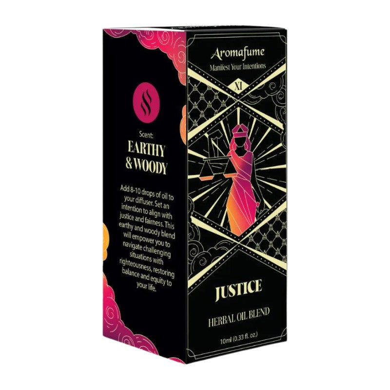 Aromafume Justice Herbal Oil Blend box, featuring a black background with gold geometric patterns, a pink and orange female figure, and pink and gold accents.