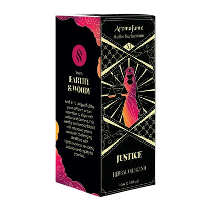 Aromafume Justice Herbal Oil Blend box, featuring a black background with gold geometric patterns, a pink and orange female figure, and pink and gold accents.