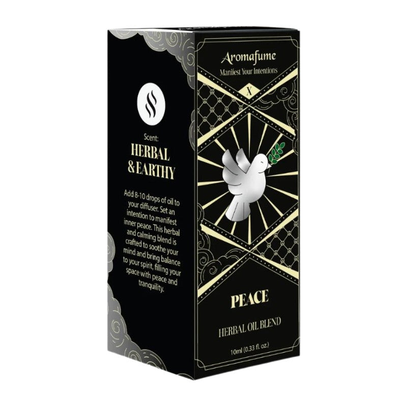 black packaging box with white dove and words "Peace herbal oil blend"
