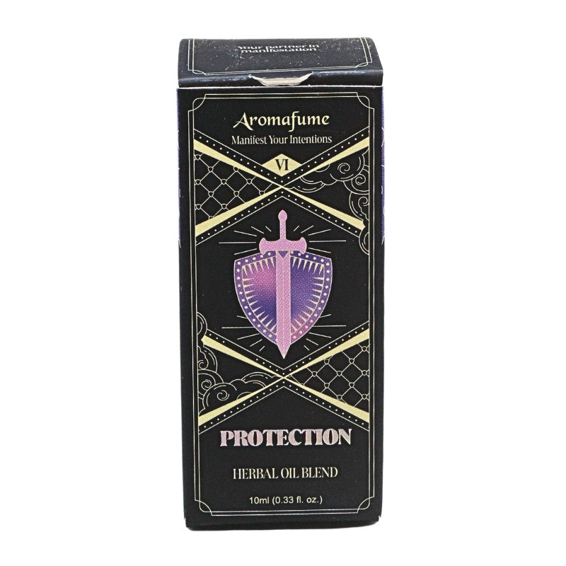 A rectangular black box of Aromafume Protection Herbal Oil Blend, featuring a purple and gold shield design on the front, set against a plain white background.