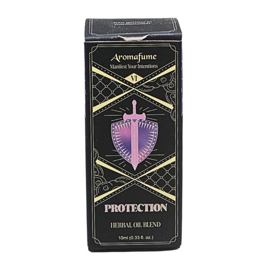 A rectangular black box of Aromafume Protection Herbal Oil Blend, featuring a purple and gold shield design on the front, set against a plain white background.