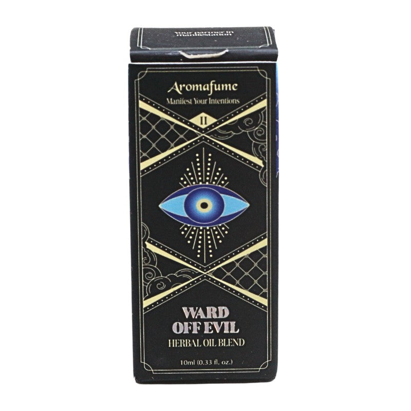 black packaging box  with blue eye and words "ward off evil herbal oil blend"
