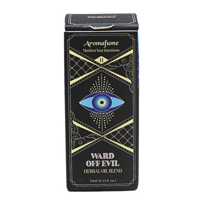 black packaging box  with blue eye and words "ward off evil herbal oil blend"
