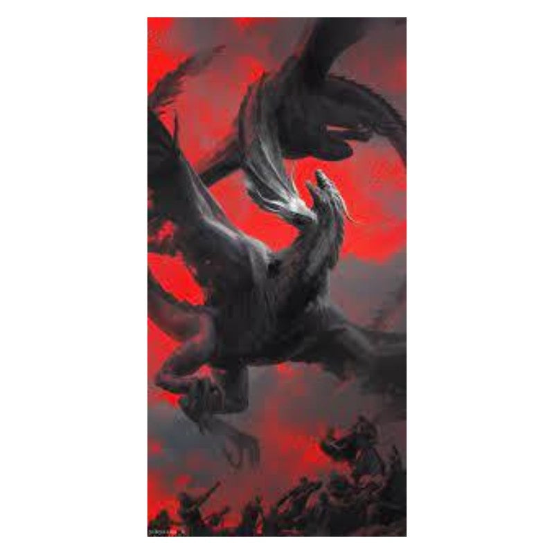 card from the house of the dragons tarot deck showing two dragons flying in a red sky