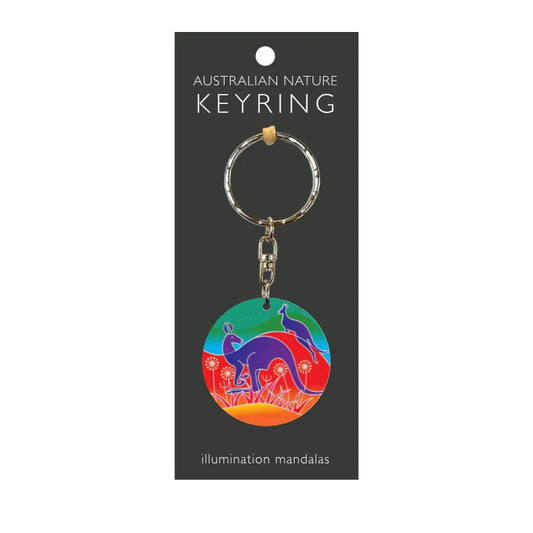 Keyring with Australian nature design on a black card, featuring 'illuminations mandalas' branding.