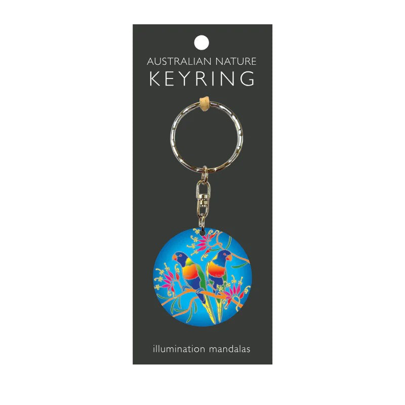 Keyring with colorful rainbow lorikeet 
design on a black card labeled 'Australian Nature Keyring'.