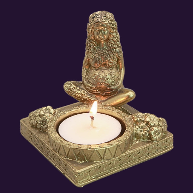 Mother Earth Goddess Tealight Candle Holder with a lit tealight candle