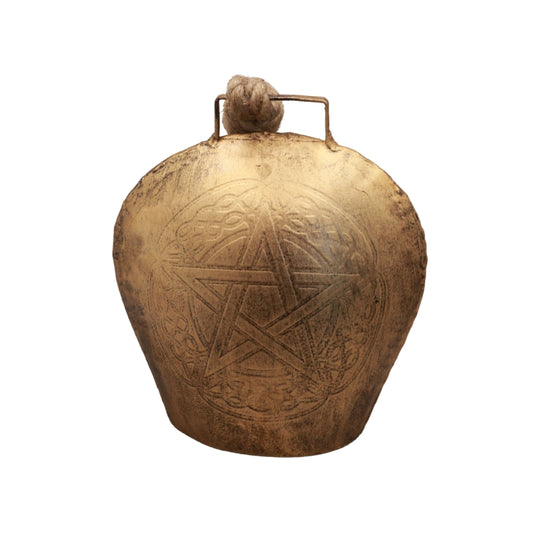 gold coloured cowbell with the pentacle etched into it & rope handle