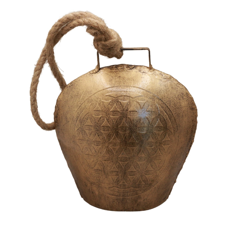 gold coloured cowbell with the flower of life pattern etched into it & rope handle
