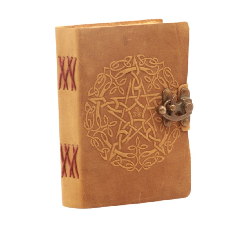 leather journal with pentagram on front cover and locking closure