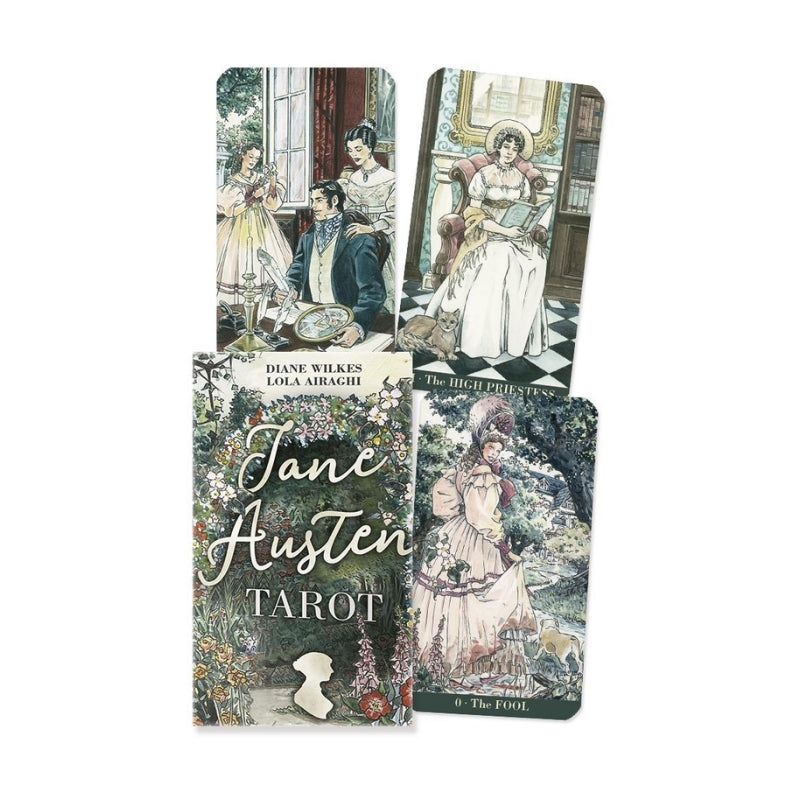 Jane Austen Tarot deck showing several illustrated tarot cards and the card box on a plain white background. The box reads 'Jane Austen Tarot' and shows floral artwork with the authors' names Diane Wilkes and Lora Airaglii visible.