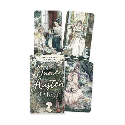 Jane Austen Tarot deck showing several illustrated tarot cards and the card box on a plain white background. The box reads 'Jane Austen Tarot' and shows floral artwork with the authors' names Diane Wilkes and Lora Airaglii visible.