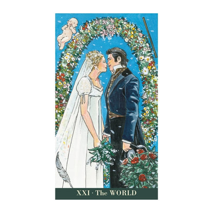 A vertical art print or card featuring an illustrated wedding scene with a bride in a white gown and veil and a groom in a dark blue suit, framed by a floral arch against a bright blue sky. A small baby figure appears in the upper left, and the bottom reads 'XXI The WORLD'.