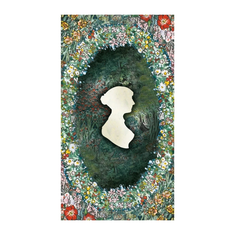 A rectangular floral wall mirror with a central dark green oval mirror insert and a white silhouette profile of a woman's bust, surrounded by a colorful border of flowers in red, yellow, white, and pink.
