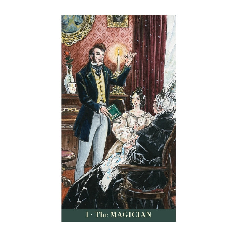 A vintage-style illustrated card or print showing three people in an ornate room, with the title 'I · The MAGICIAN' at the bottom. The scene includes a standing man in a dark coat and light trousers, a seated woman in a pale dress, and another seated figure in black, against red patterned wallpaper and curtains.