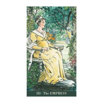 A tarot card titled 'III. The EMPRESS' showing an illustration of a pregnant woman in a yellow gown seated in a garden, with a dark green border at the bottom containing the card's title.