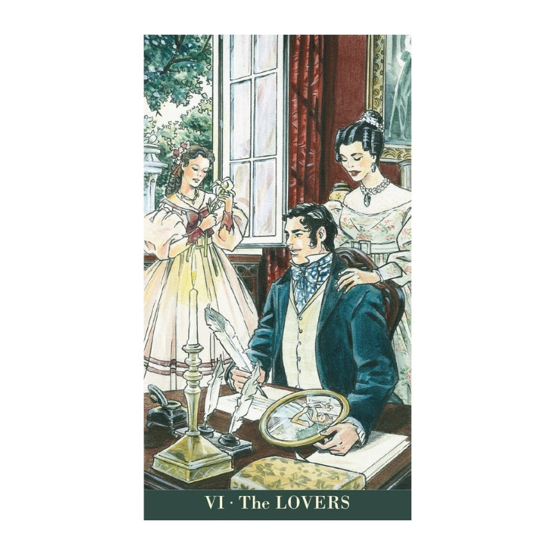 A vintage-style illustrated card or print titled 'VI - The LOVERS' showing three people in an indoor scene near a window. A seated man in a dark blue coat holds a letter, while a woman in a cream dress stands behind him, and another woman in a pale gown stands by the window holding flowers.