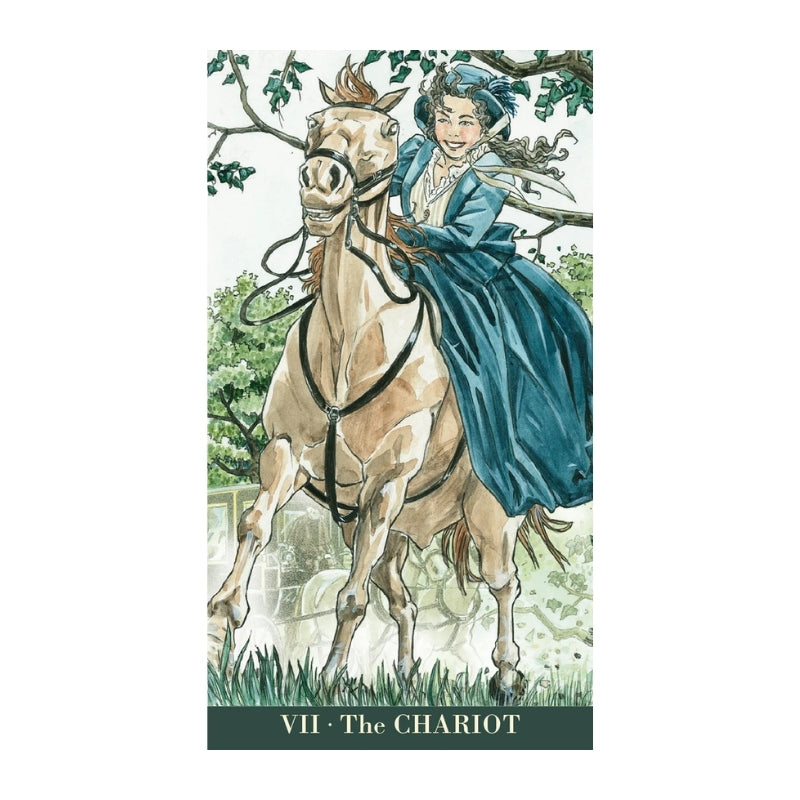 A tarot card illustration for 'VII - The Chariot' showing a woman in a blue dress riding a light brown horse through a wooded path. The card is centered on a white background with a dark green banner at the bottom containing the title.