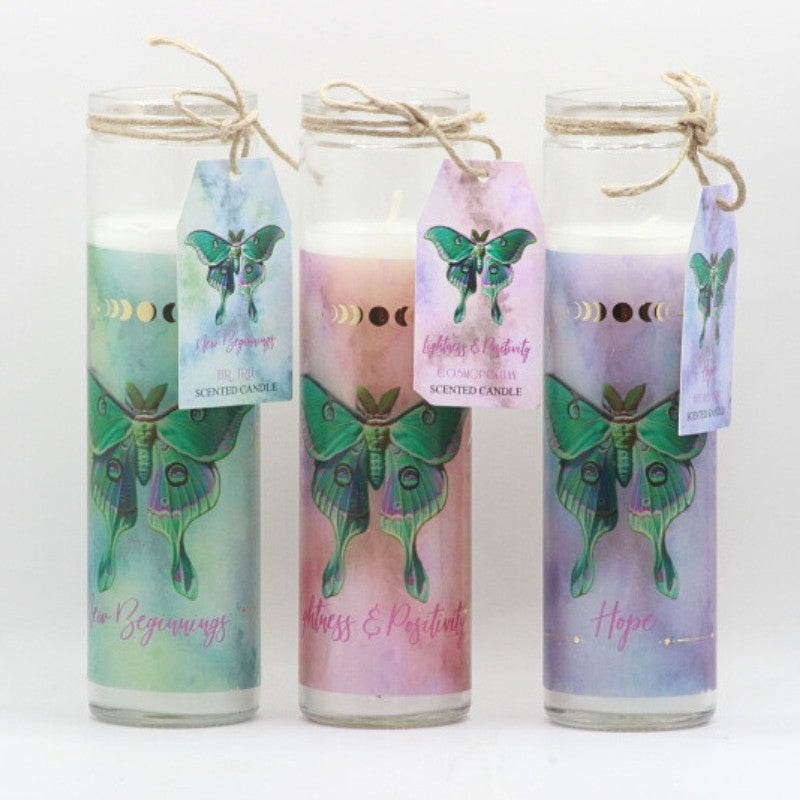 3 21cm pillar jar candles with green lunar moths on front