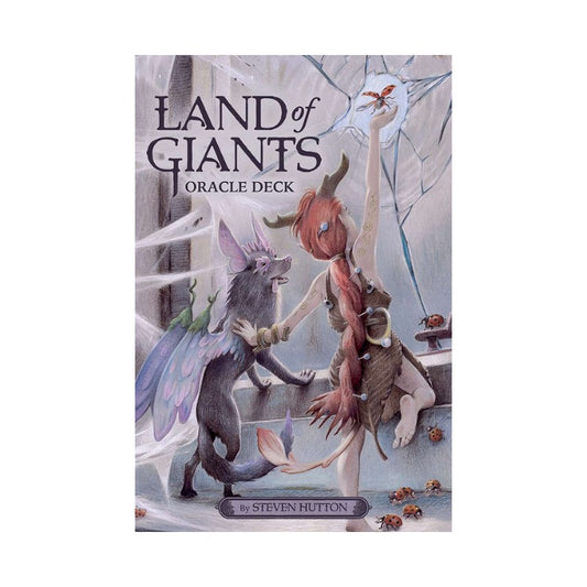 Cover of 'Land of Giants Oracle Deck' with fantasy creatures shaking hands.