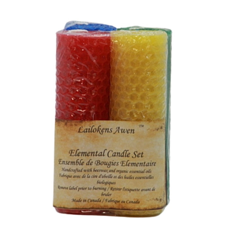 4 Rolled Beeswax candles one red, yellow, green and blue- wrapped in a distressed label 