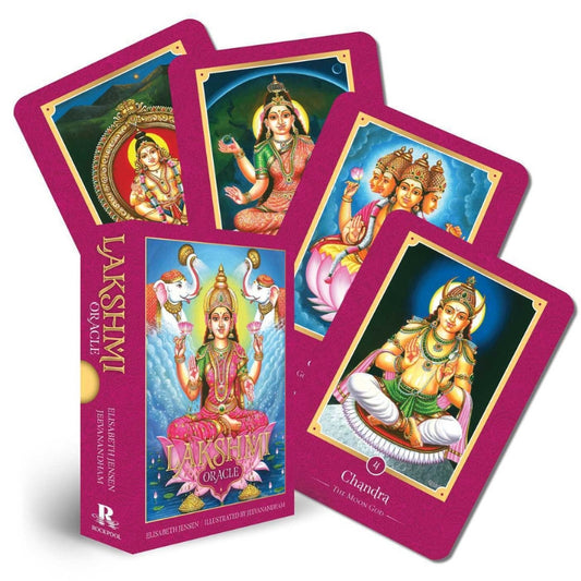 Lakshmi Oracle Cards deck surrounded with 4 oracle cards from the deck