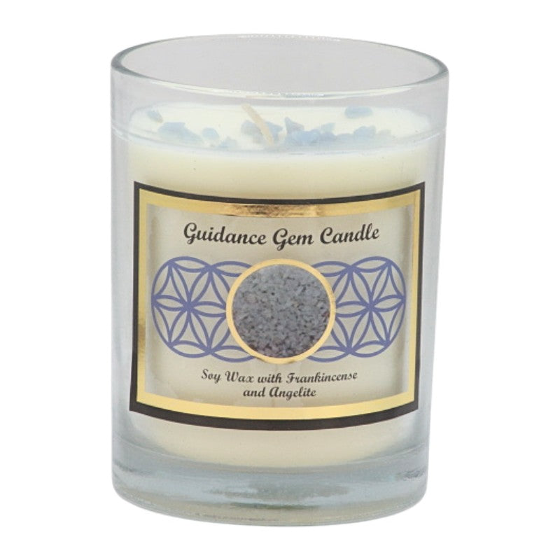 Soy wax candle with gemstone chips on top- in clear glass jar