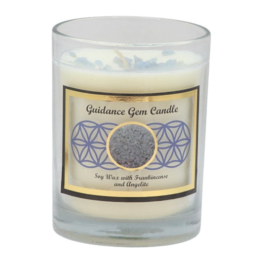 Soy wax candle with gemstone chips on top- in clear glass jar