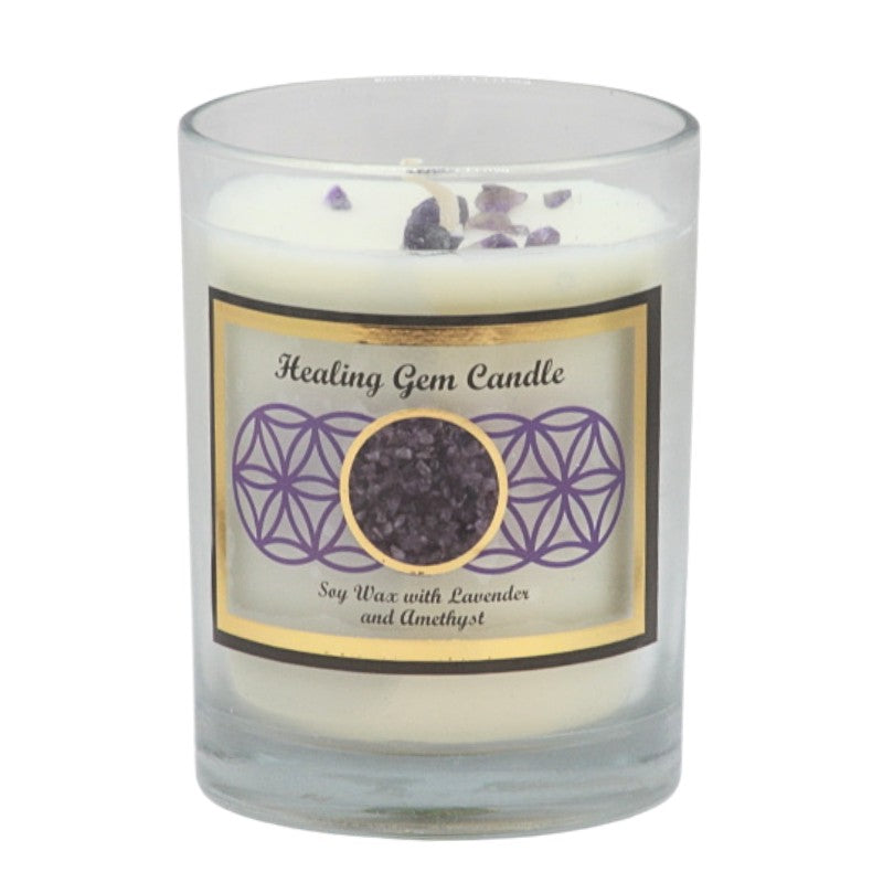 Soy wax candle with gemstone chips on top- in clear glass jar