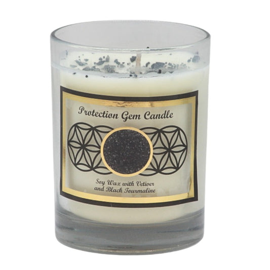 Soy wax candle with gemstone chips on top- in clear glass jar