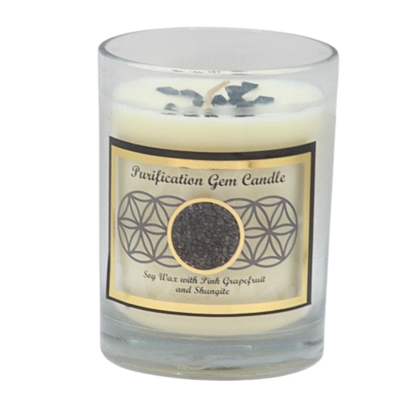 Soy wax candle with gemstone chips on top- in clear glass jar
