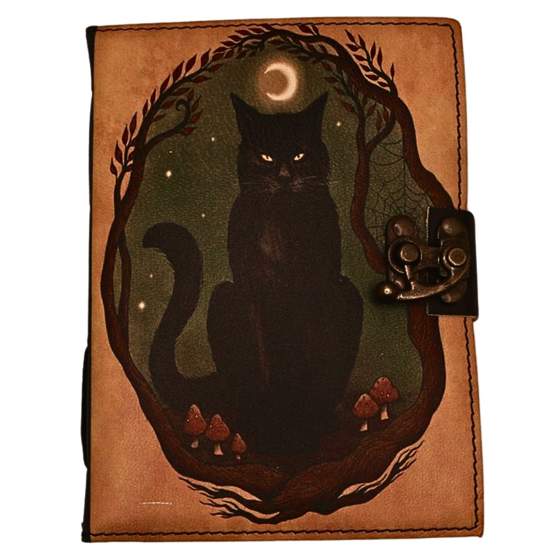 leather bound book with an image of a black cat on the front. 