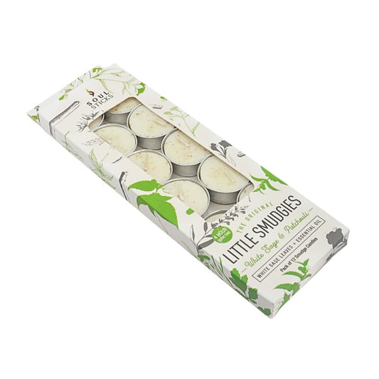 Box of Little Smudgies candles with green leaf design on a white background