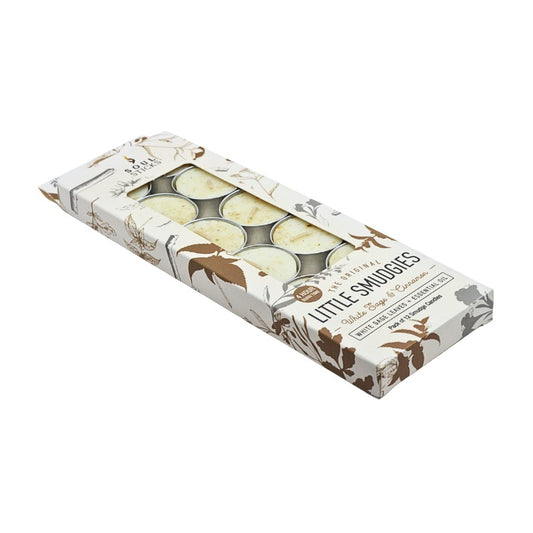Box of Little Smudgies with tea light candles on a white background