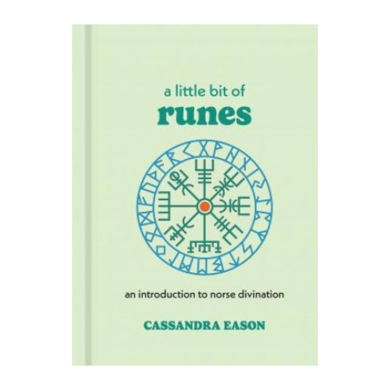 Book titled 'a little bit of runes' by Cassandra Eason on a light green background
