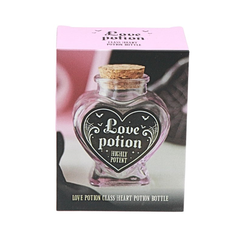 Heart-shaped potion bottle with cork lid on a product packaging box.