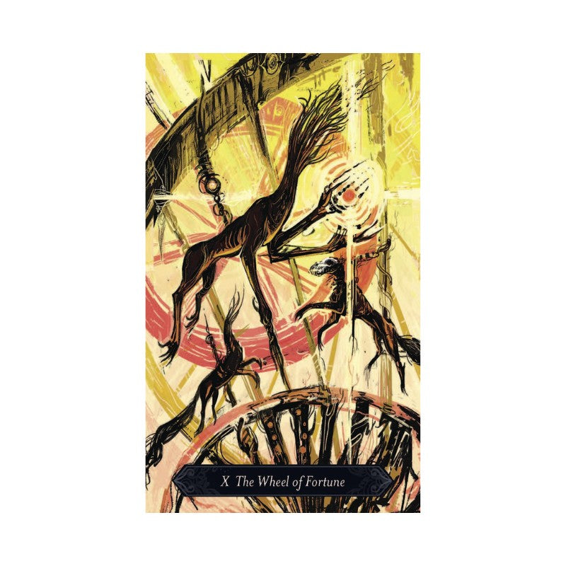 Tarot card titled 'The Wheel of Fortune' with abstract design and text.