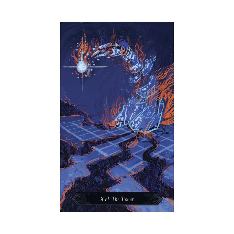 Tarot card titled 'XVI The Tower' with a blue and orange design on a white background
