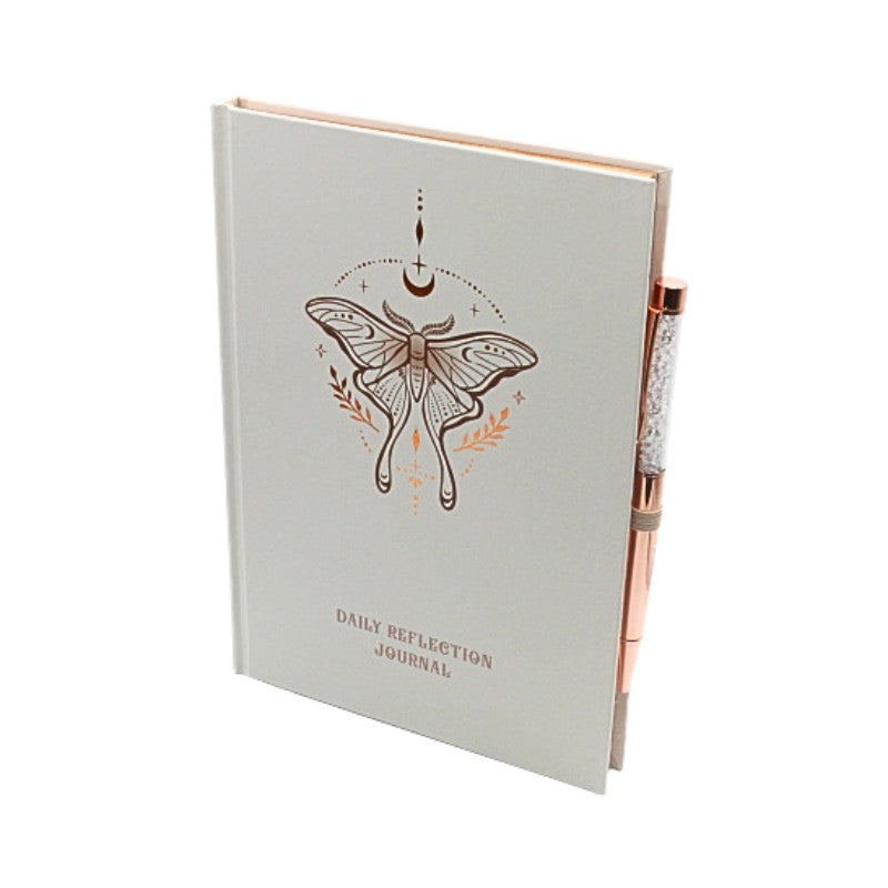 Daily reflection journal with butterfly design and rose gold accents on a white background
