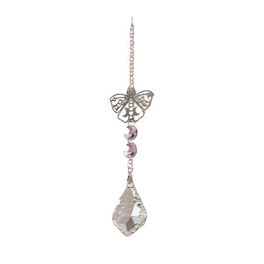 Crystal hanging ornament with butterfly design on a white background