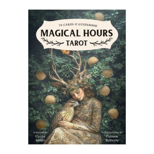 deck cover of 'Magical Hours Tarot' with illustration of a person with antlers and a bird, surrounded by nature elements.
