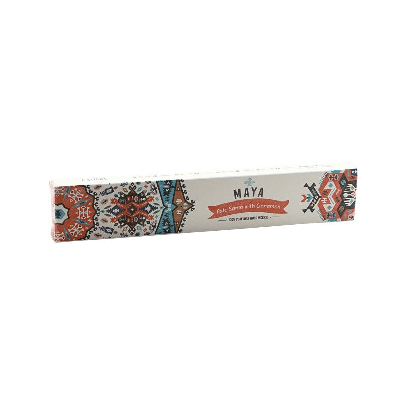 Maya incense stick packaging with decorative patterns on a white background