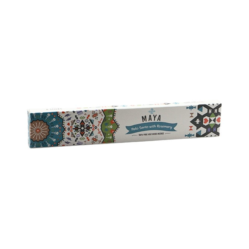 Maya Palo Santo incense packaging with colorful design on a white background