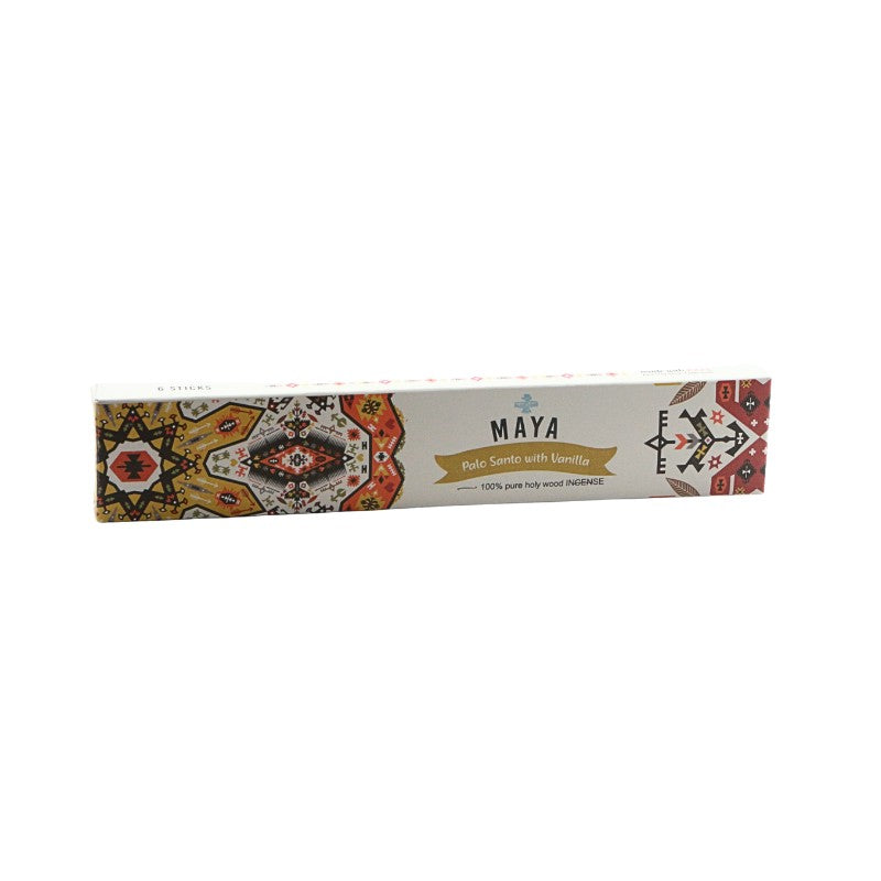 Maya incense stick packaging with decorative patterns on a white background