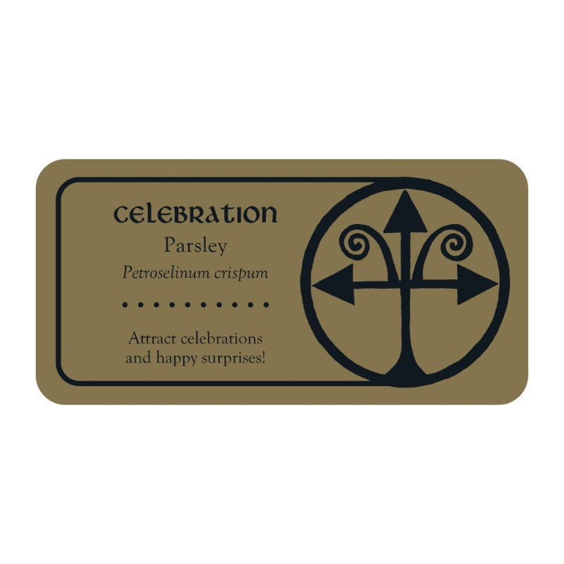 Decorative label with text and design on a beige background