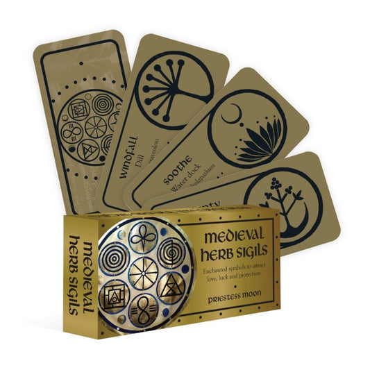 Set of 'Medieval Herb Sigils' cards with packaging on a white background