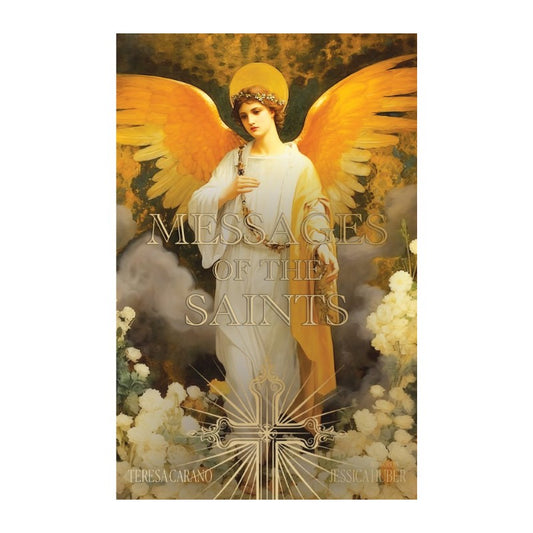 oracle deck cover of 'Messages of the Saints' featuring an angel with wings and a cross.