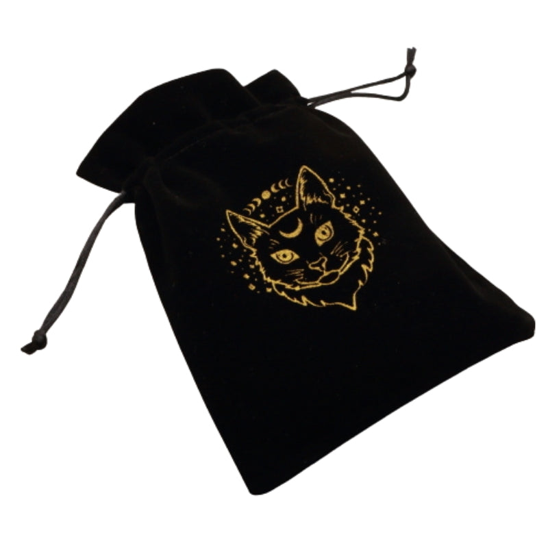 Black velvet tarot bag with a gold cat face printed on front