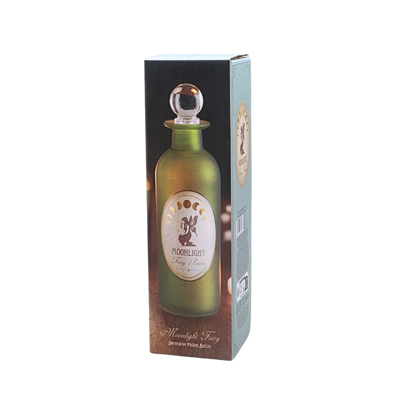 rectangular box packaging with an image of a green bottle and text "moonlight fairy decorative potion bottle"
