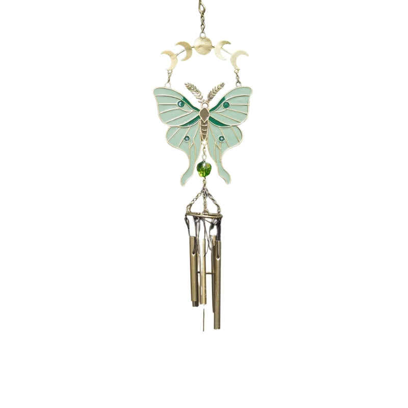 A hanging wind chime featuring a mint green and gold butterfly design with copper-toned wind chimes below, set against a plain white background.